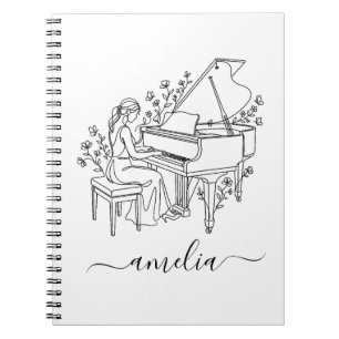 Personalised Female Piano Player Line Drawing Notebook