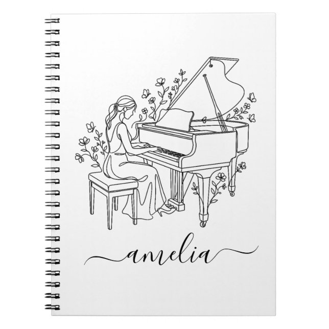 Personalised Female Piano Player Line Drawing      Notebook (Front)