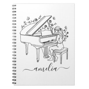 Personalised Female Piano Player Line Drawing Notebook