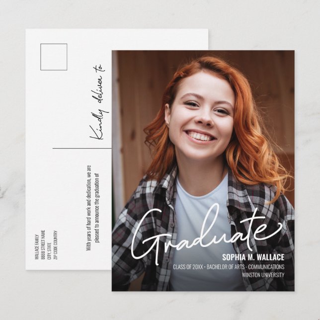 Personalised Female University Graduate Photo  Announcement Postcard (Front/Back)