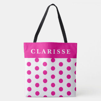 Personalised Feminine Hot Pink & White Polka Dots Tote Bag