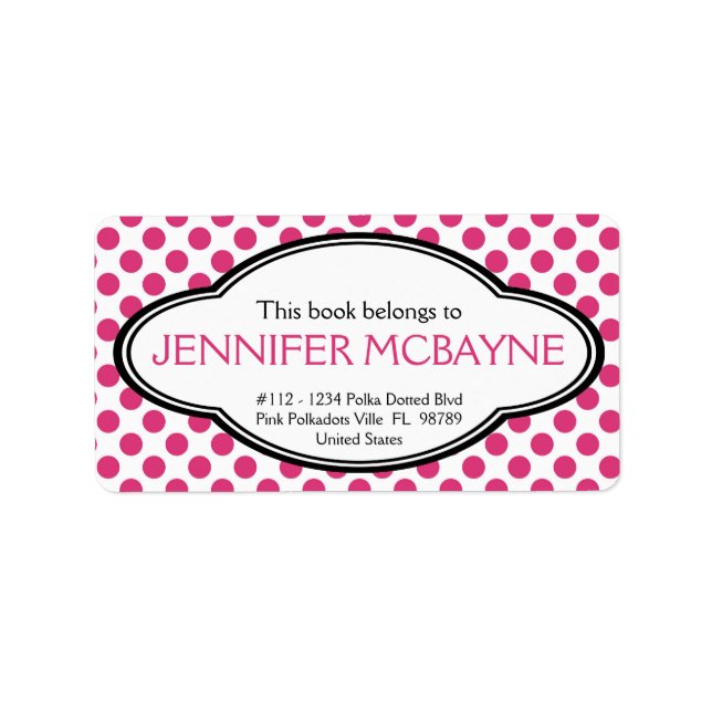 Personalised Feminine Pink Polkadots Bookplate Label (Front)