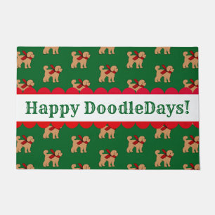 Personalised Festive Doodle Dog Green Red Holiday  Doormat