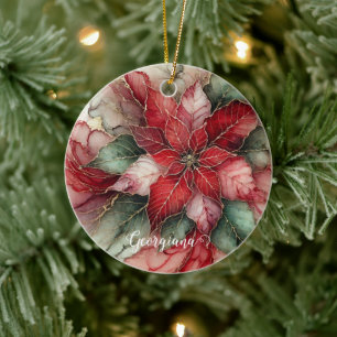 Personalised Festive Floral Alcohol Ink Poinsettia Ceramic Ornament