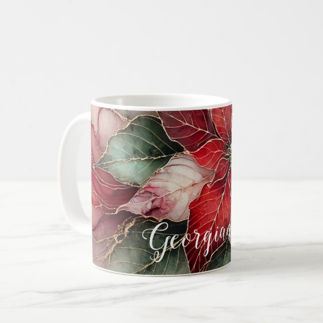 Personalised Festive Floral Alcohol Ink Poinsettia Coffee Mug (Front Left)