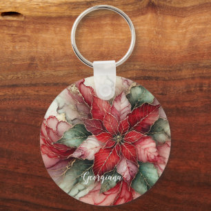 Personalised Festive Floral Alcohol Ink Poinsettia Key Ring