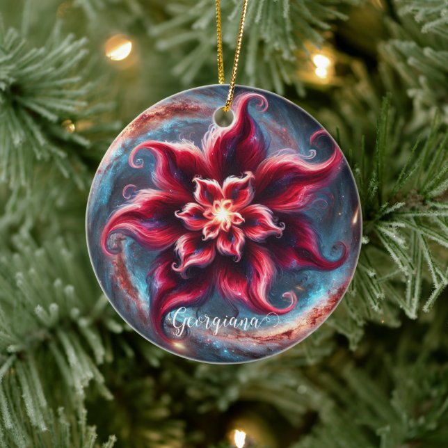 Personalised Festive Floral Poinsettia Galaxy Ceramic Ornament (Tree)