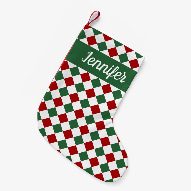 Personalised Festive Green Checked  Small Christmas Stocking (Front (Hanging))