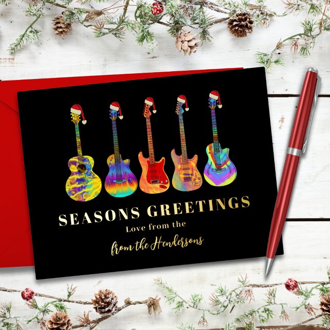 Personalised Festive Guitar Seasons Greetings Gold Foil Holiday Card (Music themed colorful Christmas guitars personalized seasons greetings black and gold foil card)