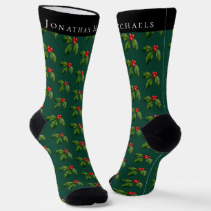 Personalised Festive Holly Berry Green Holiday Socks