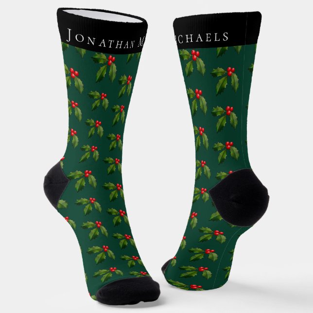 Personalised Festive Holly Berry Green Holiday Socks (Angled)