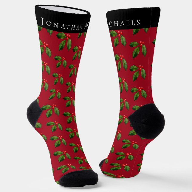 Personalised Festive Holly Berry Red Holiday Socks (Angled)