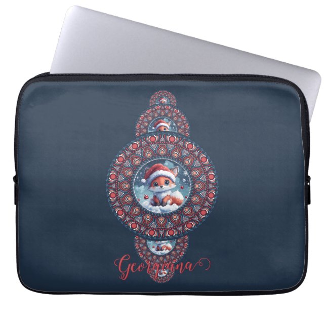 Personalised Festive Kawaii Fox Ornamental Mandala Laptop Sleeve (Front)