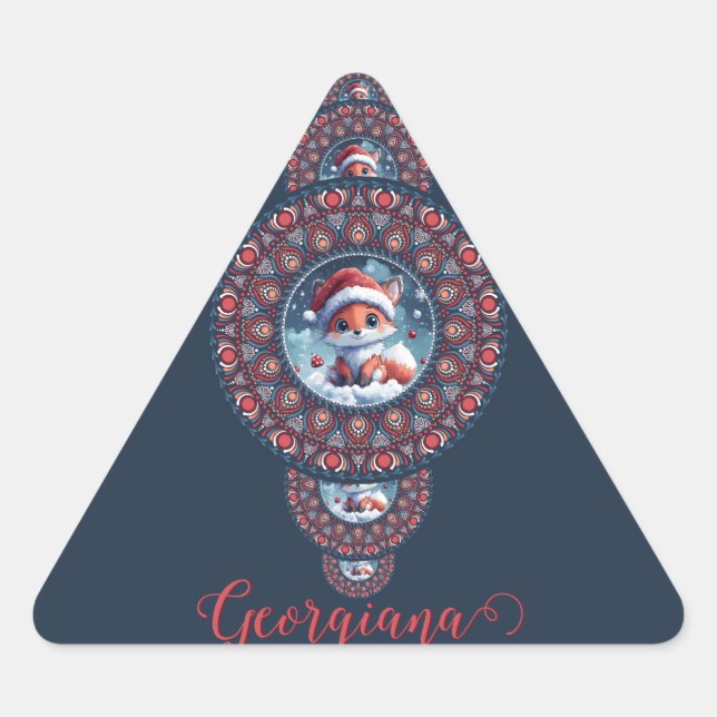 Personalised Festive Kawaii Fox Ornamental Mandala Triangle Sticker (Front)