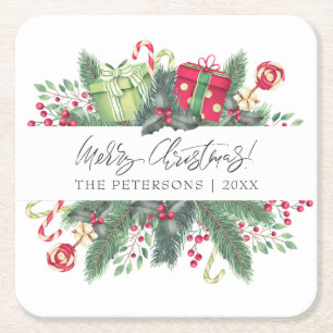 Personalised Festive Merry Christmas Decorative Square Paper Coaster