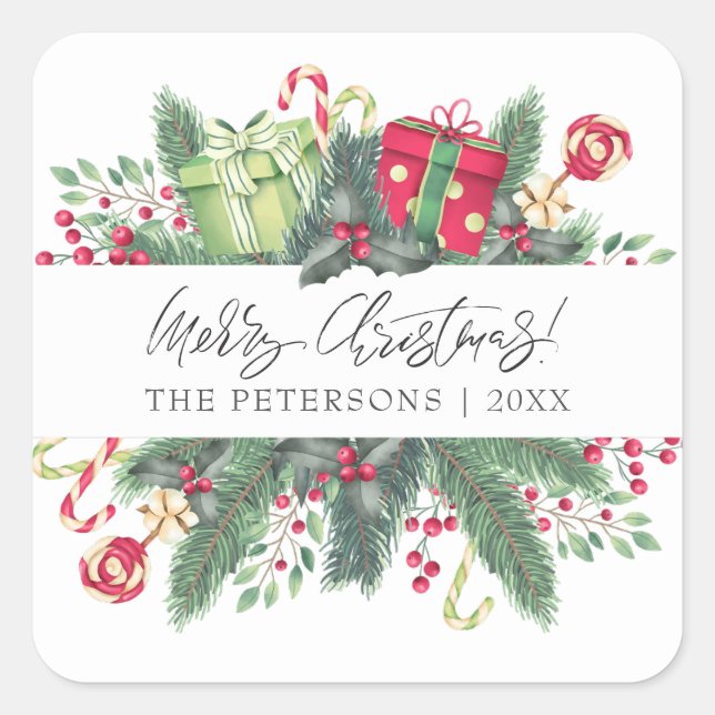 Personalised Festive Merry Christmas Decorative Square Sticker (Front)