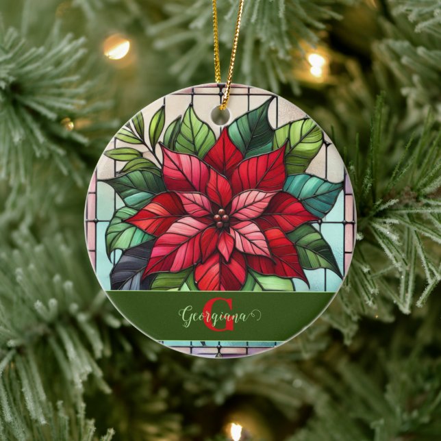 Personalised Festive Stained Glass Poinsettia Ceramic Ornament (Tree)