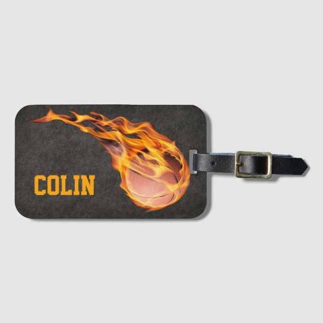 Personalised Fiery Basketball Luggage Tag (Front Horizontal)
