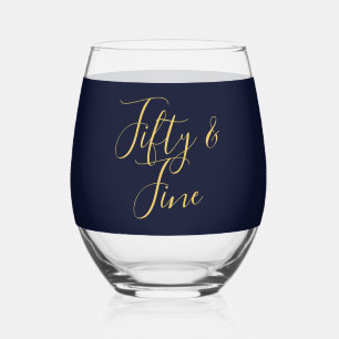 Personalised Fifty and Fine Navy Gold Birthday Stemless Wine Glass