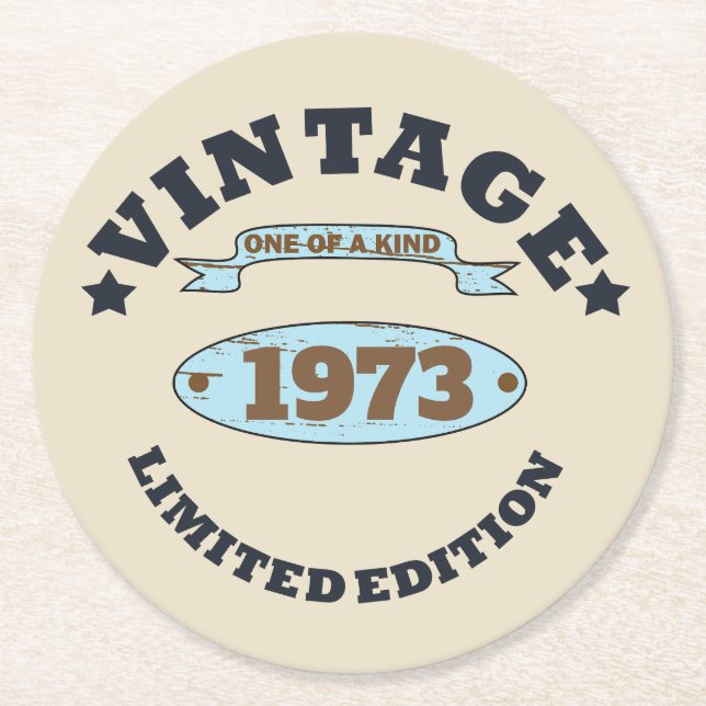 Personalised fifty vintage 50th birthday party round paper coaster (Front)
