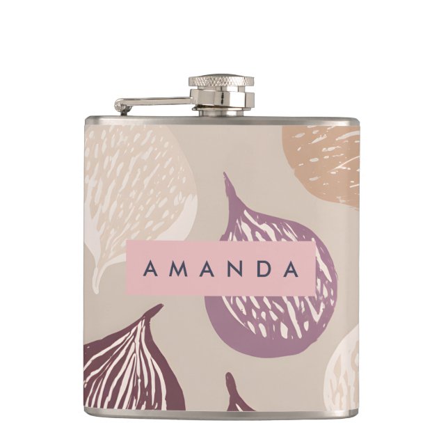 Personalised Fig Fruit Art in Warm Neutral  Hip Flask (Front)