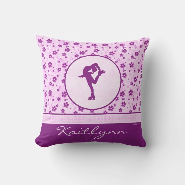 Personalised Figure Skater Purple Heart Floral Cushion (Front)
