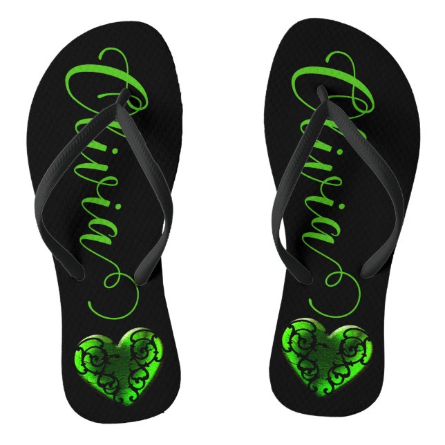Personalised Filigree Goth Green Heart  Thongs (Footbed)