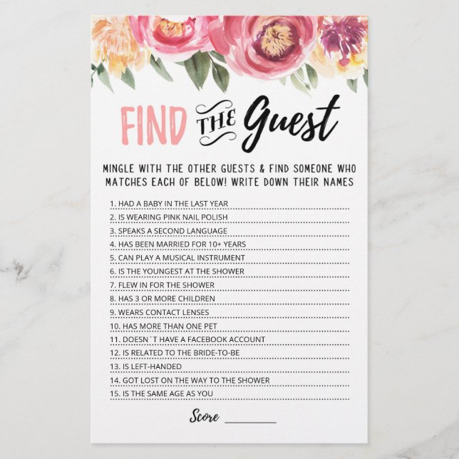 Personalised Find the guest Bridal Shower game (Front)