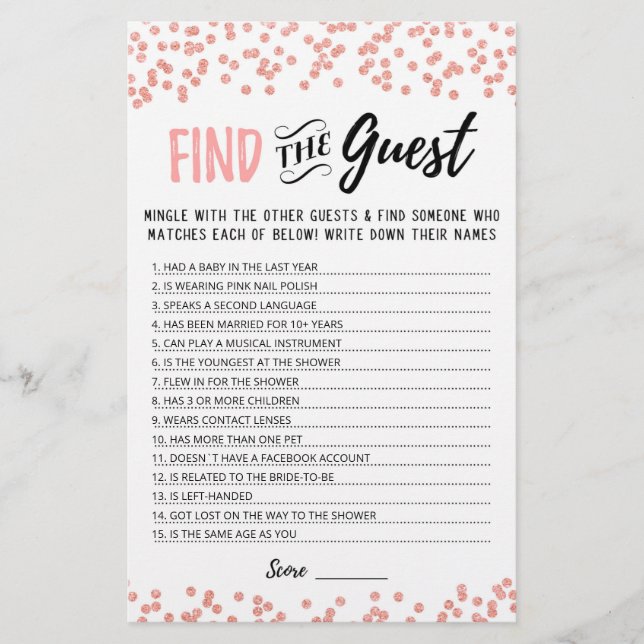Personalised Find the guest Bridal Shower game (Front)