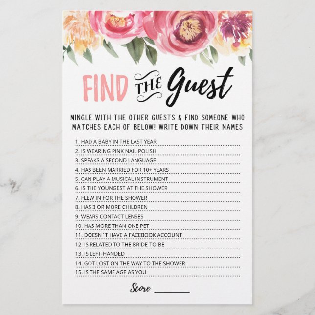 Personalised Find the guest Bridal Shower game (Front)