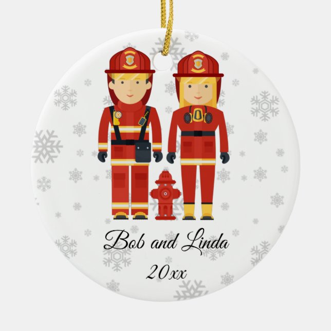 Personalised Firefighter Couple Christmas Ceramic Ornament (Front)