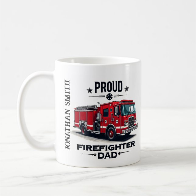 Personalised Firefighter Dad Name W/ Firetruck Coffee Mug (Left)