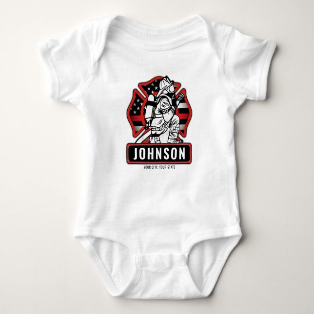 Personalised Firefighter Fire Dept Patriotic Flag  Baby Bodysuit (Front)