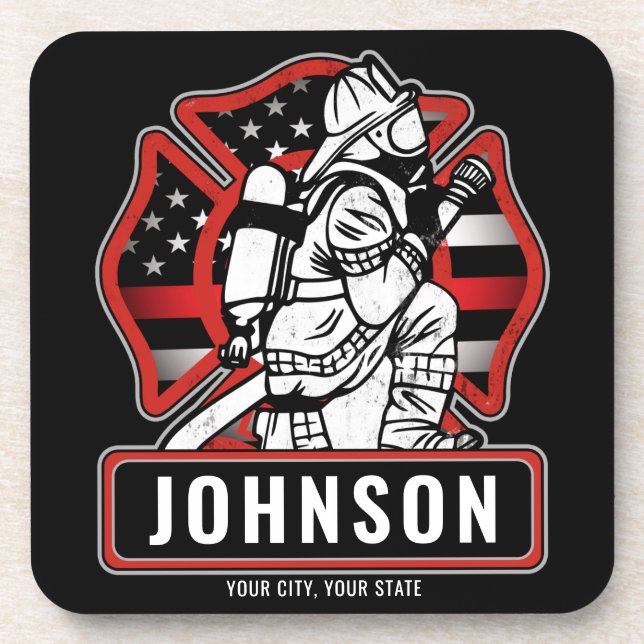 Personalised Firefighter Fire Dept Patriotic Flag  Coaster (Front)