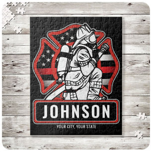 Personalised Firefighter Fire Dept Patriotic Flag Jigsaw Puzzle