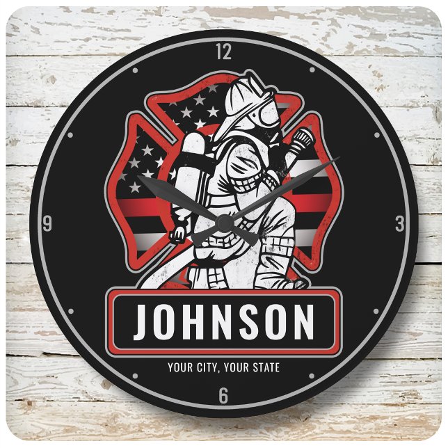 Personalised Firefighter Fire Dept Patriotic Flag  Large Clock (Creator Uploaded)