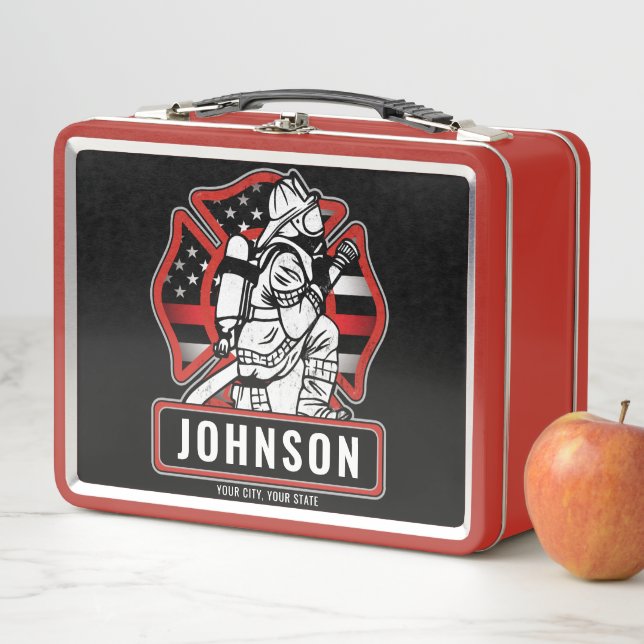 Personalised Firefighter Fire Dept Patriotic Flag Metal Lunch Box (In Situ)