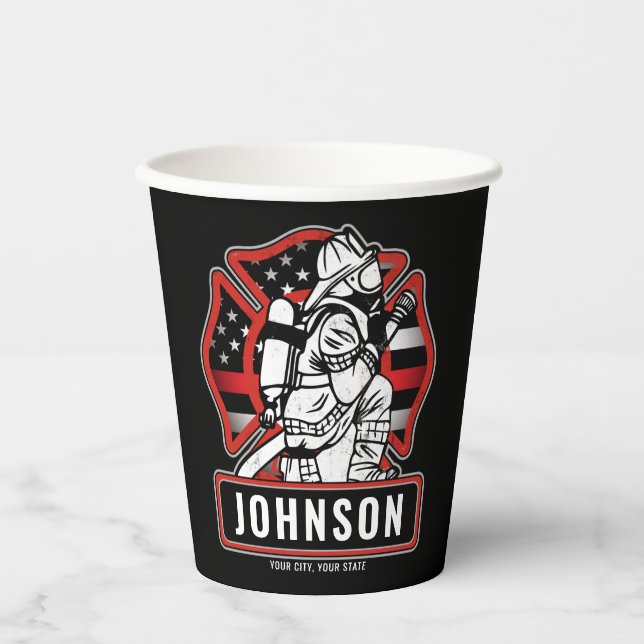 Personalised Firefighter Fire Dept Patriotic Flag Paper Cups (Front)