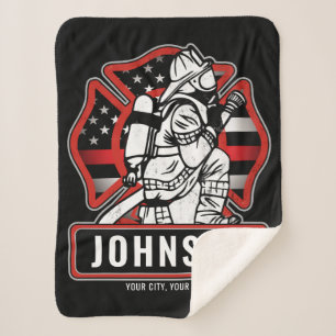 Personalised Firefighter Fire Dept Patriotic Flag Sherpa Blanket
