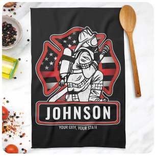 Personalised Firefighter Fire Dept Patriotic Flag Tea Towel