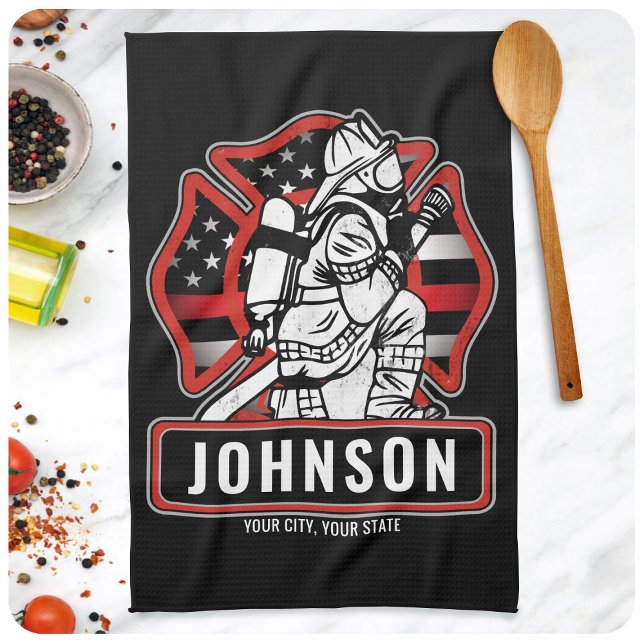 Personalised Firefighter Fire Dept Patriotic Flag Tea Towel (Creator Uploaded)