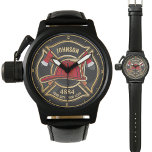 Personalised Firefighter Fireman Fire Department Watch<br><div class="desc">Firefighter NAME Fireman Fire Department design - Emblem with Red Helmet and Axe. Customise with your Name,  Station/Dept Number and location.</div>