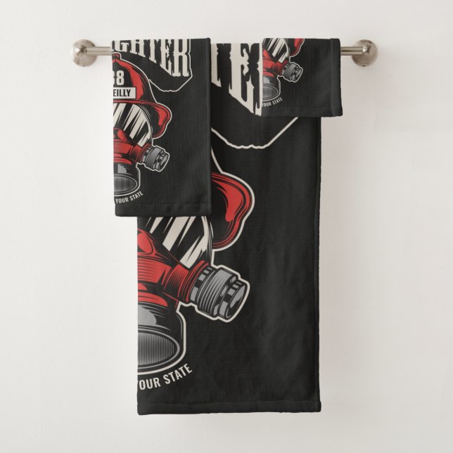 Personalised Firefighter Mask Fire Dept Helmet  Bath Towel Set (Insitu)