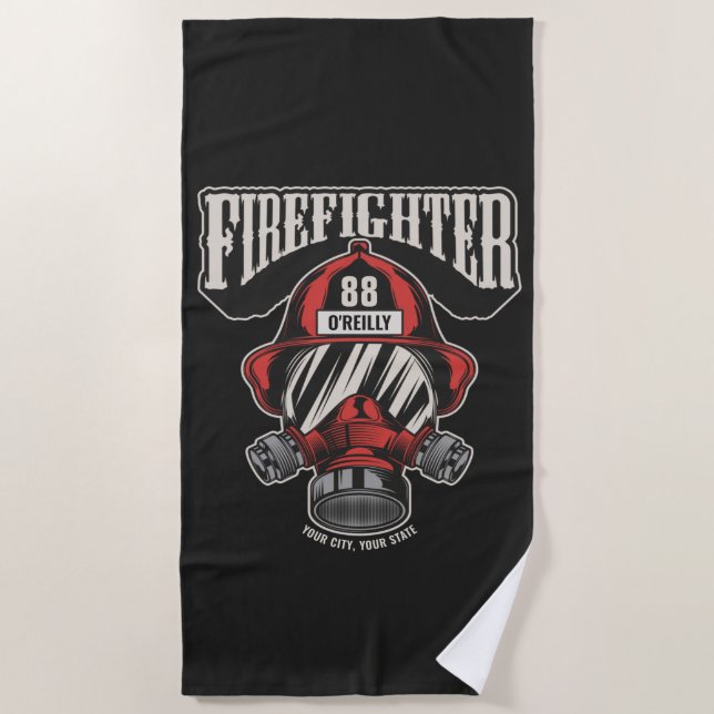 Personalised Firefighter Mask Fire Dept Helmet  Beach Towel (Front)