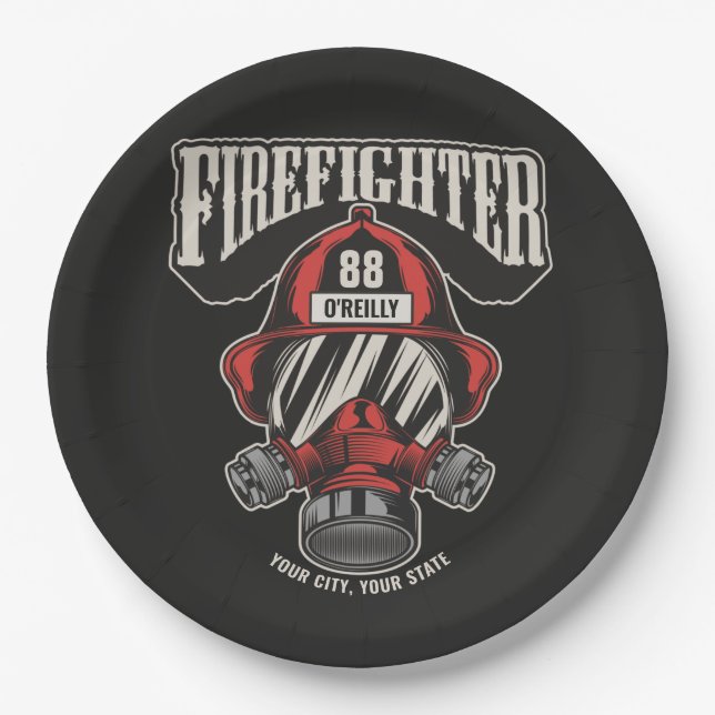 Personalised Firefighter Mask Fire Dept Helmet Paper Plate (Front)