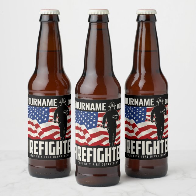 Personalised Firefighter Rescue USA Flag Patriotic Beer Bottle Label (Bottles)