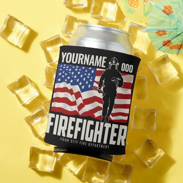 Personalised Firefighter Rescue USA Flag Patriotic Can Cooler (In Situ Summer)
