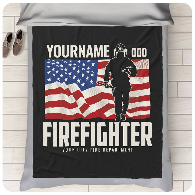 Personalised Firefighter Rescue USA Flag Patriotic Fleece Blanket (Creator Uploaded)