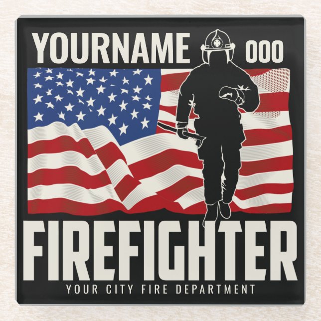 Personalised Firefighter Rescue USA Flag Patriotic Glass Coaster (Front)
