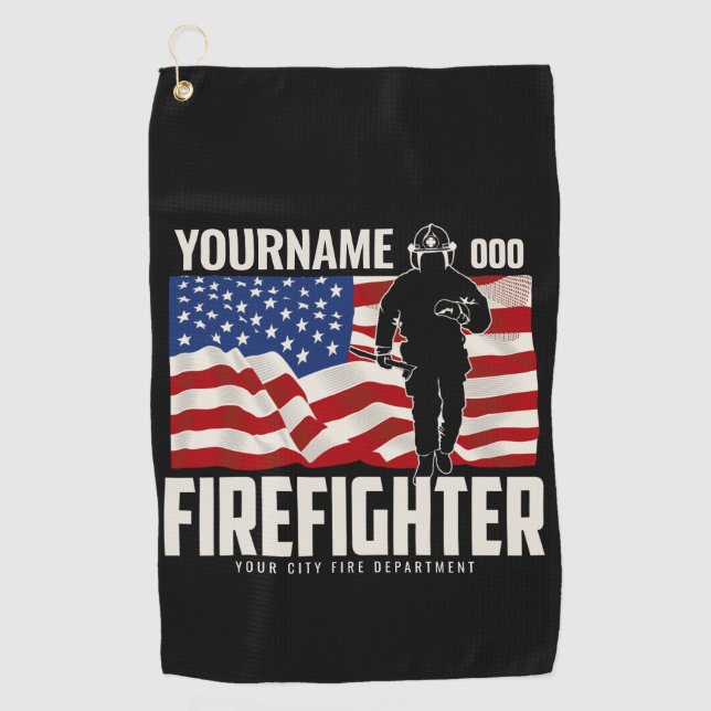 Personalised Firefighter Rescue USA Flag Patriotic Golf Towel (Front)